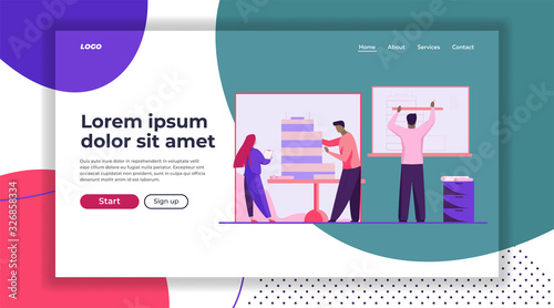 Architects working on building model. People developing blueprint and maquette flat vector illustration. Architecture, drafting, construction concept for banner, website design or landing web page