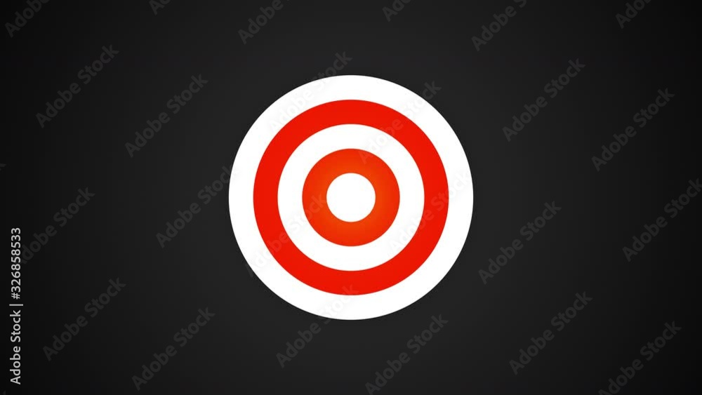 Targeting, aiming, goal setting concept. Defocused round target acquires clear features, the crosshair of rangefinder aims directly at center of target. Red and white target on dark gray background. Targeting, aiming, goal setting concept. Defocused round target acquires clear features, the crosshair of rangefinder aims directly at center of target. Red and white target on dark gray background.