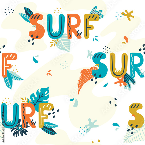 Surf hand drawn vector lettering. Doodle floral background and hand made text.  Lettering for design gift card, shop sale advertising, bag print, positive poster, book cover, workshop invitation etc. © n.bird