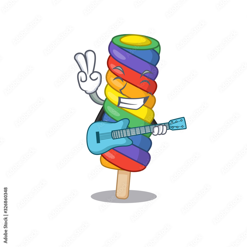 A picture of rainbow ice cream playing a guitar