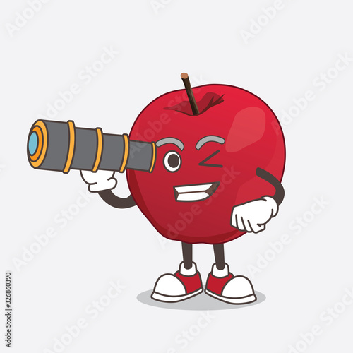 Apple cartoon mascot character using a monocular