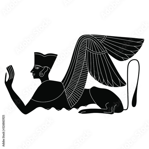 Isolated vector illustration. Ancient Egyptian sphinx. Fantastic winged monster creature. Half human half feline. Black and white silhouette.