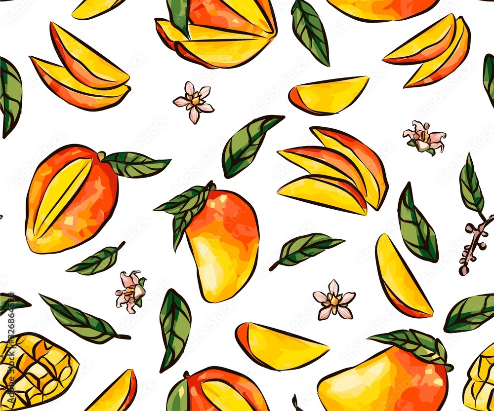 Slices of sliced manga, pieces of fruit slices and cubes, Vector seamless pattern Vintage style, YELLOW AND PINK MANGO, Slices of sliced manga, pieces of fruit slices and cubes, Vector seamless pattern Vintage style, YELLOW AND PINK MANGO,