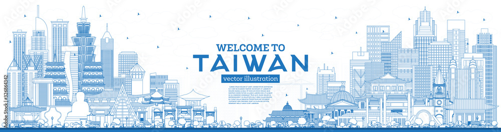 Naklejka Zarys Witamy w panoramie miasta Tajwanu z niebieskimi budynkami.