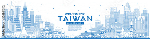 Naklejka Zarys Witamy w panoramie miasta Tajwanu z niebieskimi budynkami.