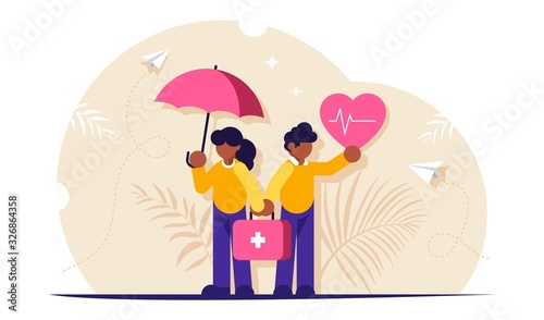 Health insurance or life is a concept. People stand with a heart and an umbrella in their hands symbolizing health protection. Modern flat vector illustration.