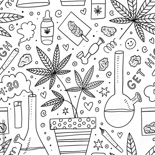 Vector doodle seamless pattern with cannabis equipment and weed quotes. 