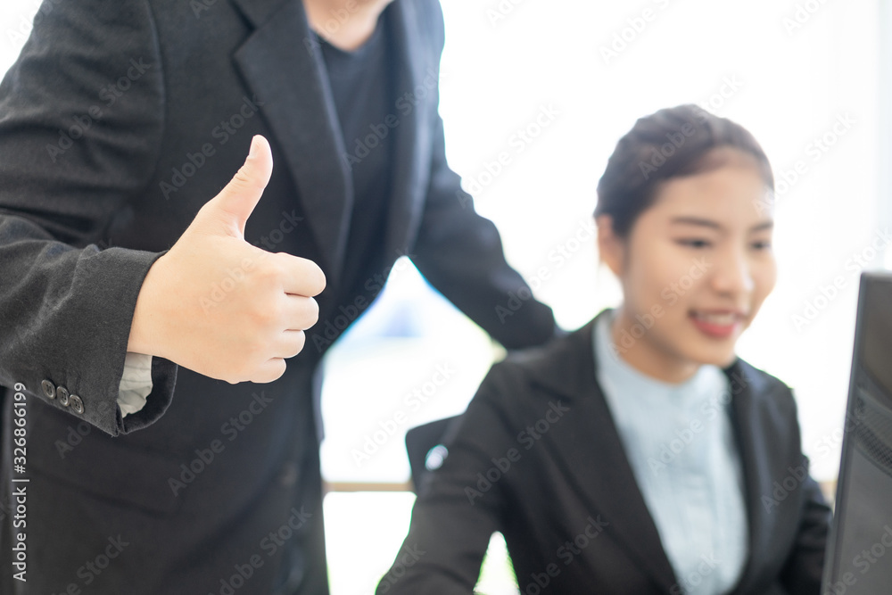 Office business people teamwork Working together on important strategy plan, boss thumbs up praise office mate team Office business people teamwork Working together on important strategy plan, boss thumbs up praise office mate team
