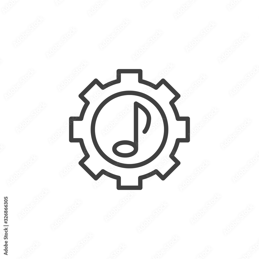 Sound control line icon. Audio configuration linear style sign for mobile concept and web design. Music settings outline vector icon. Gear and music note symbol, logo illustration. Vector graphics Sound control line icon. Audio configuration linear style sign for mobile concept and web design. Music settings outline vector icon. Gear and music note symbol, logo illustration. Vector graphics