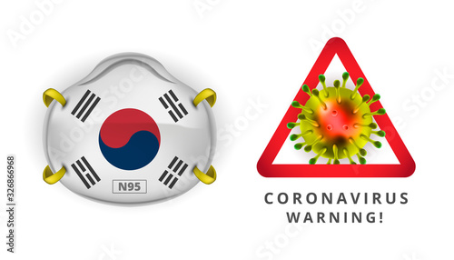 n95 face mask protection with south korea flag safety for novel Coronavirus 2019-nCov. wuhan corona virus disease coronavirus quarantine concept. Perfect for banner, background.