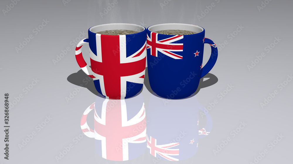 Fototapeta premium UNITED KINGDOM AND NEW ZEALAND: relationship or conflict on a pair of coffee cups for editorial and commercial use