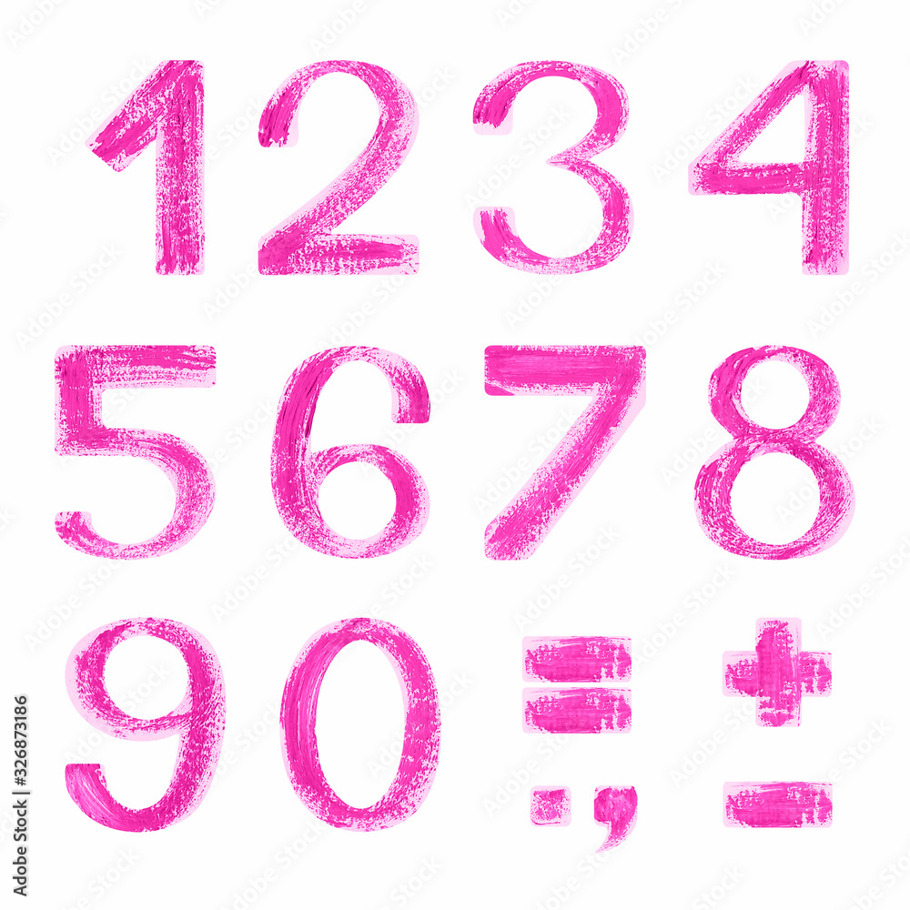 Hand painted pink number on white background. Isolated on white background. Pink-fuchsia textured font. Hand-painted stock illustration. Peeling paint texture. Gouache, oil or acrylic technique. Hand painted pink number on white background. Isolated on white background. Pink-fuchsia textured font. Hand-painted stock illustration. Peeling paint texture. Gouache, oil or acrylic technique.