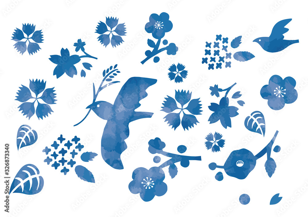 青い鳥と花イラスト水彩風 Stock Vector Adobe Stock