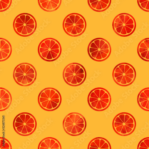 Watercolor sliced ​​grapefruits on yellow background. Seamless pattern. Watercolor stock illustration. Design for backgrounds, wallpapers, covers, textile, packaging.