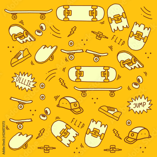 Seamless skateboard equipment doodle art
