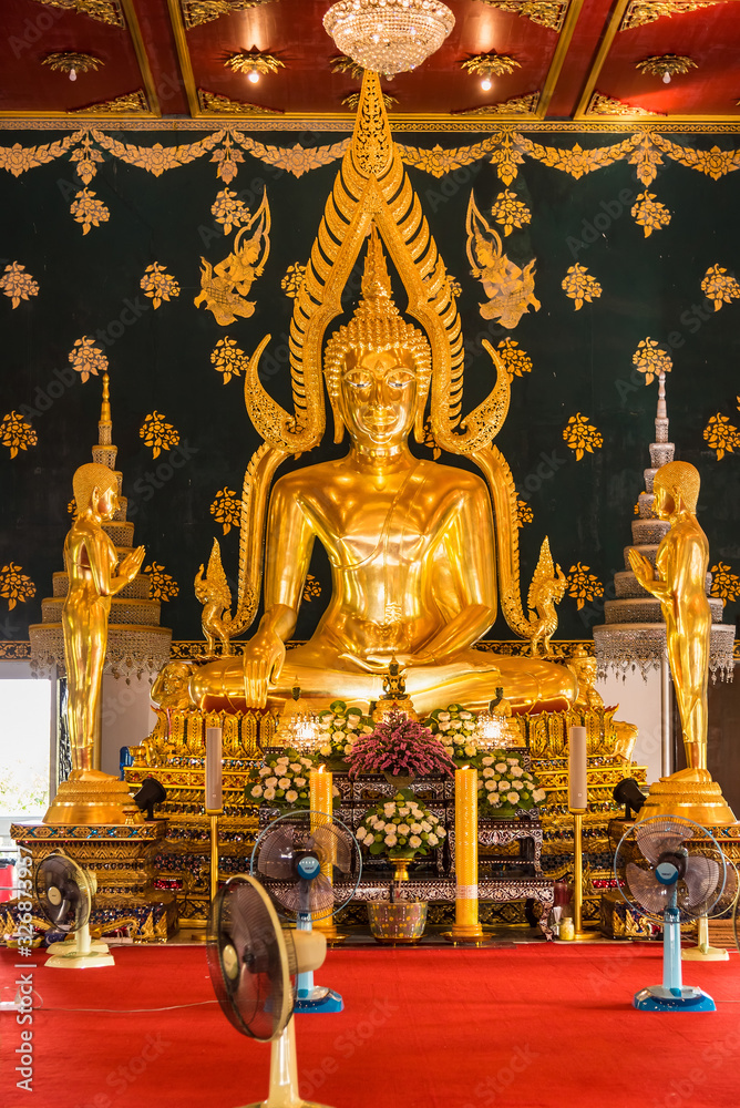 Samut Prakan, Thailand - February,23, 2020 : Golden Buddha statue at Wat Asokaram temple in Samutprakan, Thailand.
