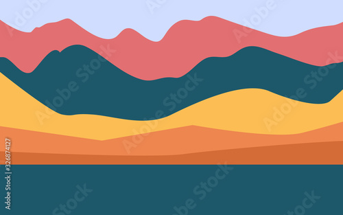 Minimalist landscape design flat scenery postcard nordic scandinavian design poster mountains lake full moon purple and blue color palette
