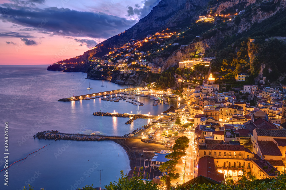 The beautiful coastal village of Amalfi in Italy at twilight