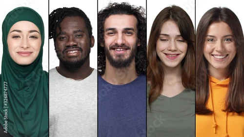 Collage of smiling men and women, diverse races expressing happiness and joy. Multi-ethnic group of people showing positive feelings. Split portrait multicultural team upbeat looking camera