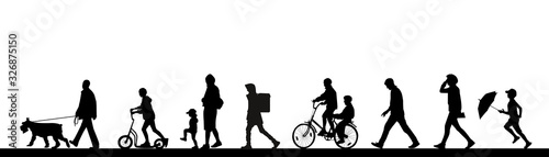 People walk along the road, walk, rush to work. Children, men and women. Vector silhouettes set.