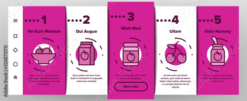 Plum Vitamin Fruit Onboarding Icons Set Vector. Plum Sliced Piece And Healthy Drink Juice, Fresh And Pickles, Blender And Harvest Illustrations