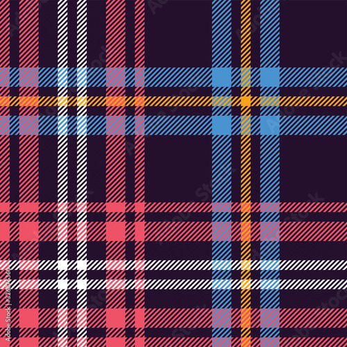 Tartan plaid pattern background. Seamless multicolored check plaid graphic in dark purple, blue, pink, yellow, and white for flannel shirt, blanket, throw, or other modern fabric design.