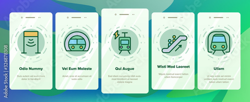 Metro Underground Onboarding Icons Set Vector. Metro Train And Equipment, Ticket And Card, Door And Video Camera, Escalator And Turnstile Illustrations