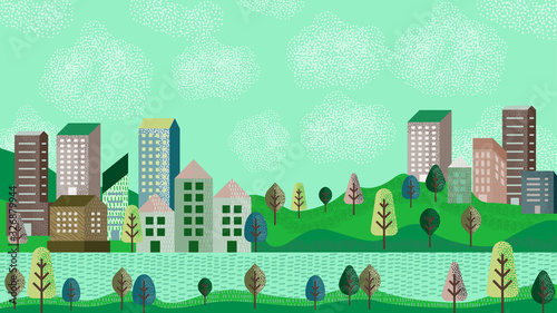 Vector illustration in simple minimal geometric flat style - city landscape with buildings, hills and trees