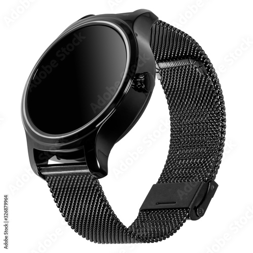 Wireless smart watch in a round glossy black case on a metal strap with a blank screen for a logo on a white background. Three quarter view