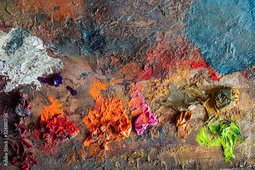 closeup of art palette with colorful paint