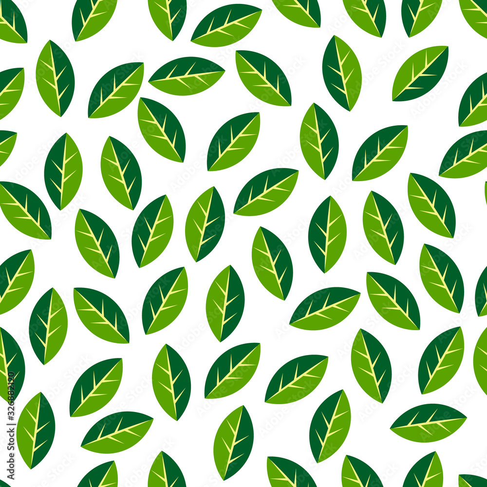 Green and white simple geometric leaves scattered chaotically, springtime nature texture, seamless pattern, vector