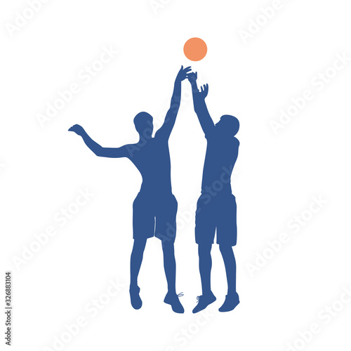 Silhouettes of guys playing basketball with a ball. Men play sports, vector.