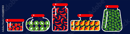 fruits and vegetables in jars background vector illustration