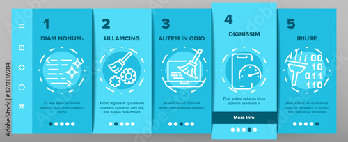 Cleaning Application Onboarding Icons Set Vector. Binary Code And Rocket On Screen, Mechanism Gear And Broom Cleaning App Illustrations