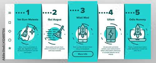 Cleaning Application Onboarding Icons Set Vector. Binary Code And Rocket On Screen, Mechanism Gear And Broom Cleaning App Illustrations