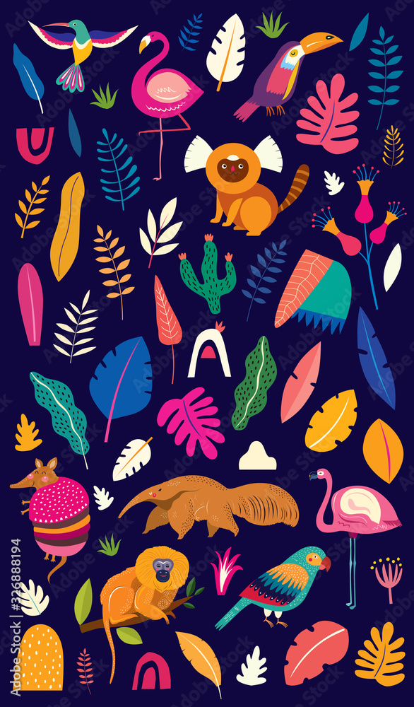 Naklejka Kolorowa ilustracja wektorowa z tropikalnymi kwiatami, liśćmi, małpą, flamingiem i ptakami. Brazylia tropikalny wzór. Wzór Rio de Janeiro.