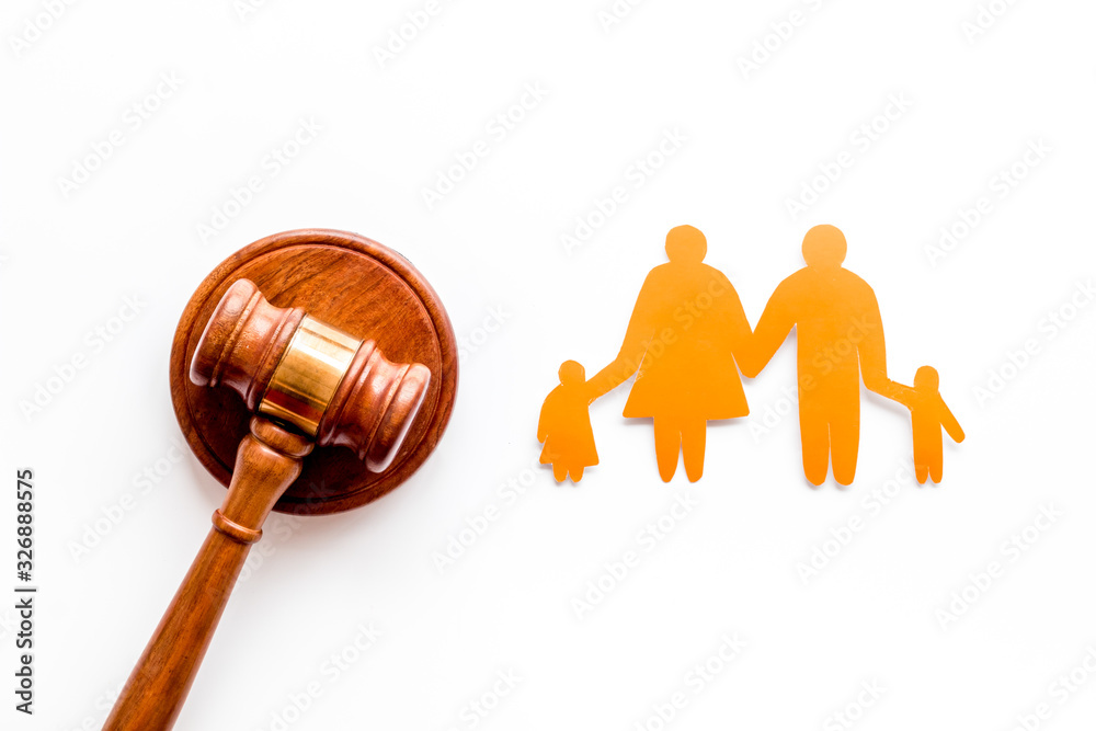 Divorce court concept. Judge gavel near family on white background top-down Divorce court concept. Judge gavel near family on white background top-down