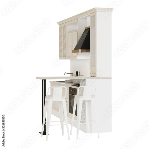 Kitchen. Furniture and kitchen equipment on a white background. Clipping path included. 3D rendering.