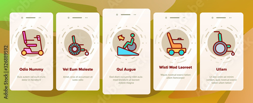 Wheelchair For Invalid Onboarding Icons Set Vector. Manual And Electric Wheelchair For Handicapped, Ramp And Lift For Wheel Chair Illustrations