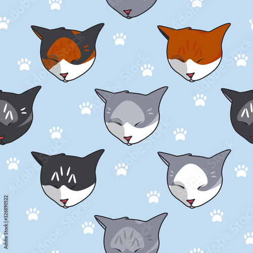 Fototapeta Naklejka Na Ścianę i Meble -  Animal seamless pattern: sleeping cats on blue background paw prints. For textile, fabric and paper. Vector illustration in cute cartoon style