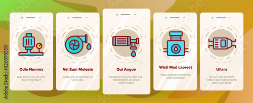 Water Pump Onboarding Icons Set Vector. Electric And Manual Water Pump, Turbine And Steel Pipe, Plumbing System Illustrations