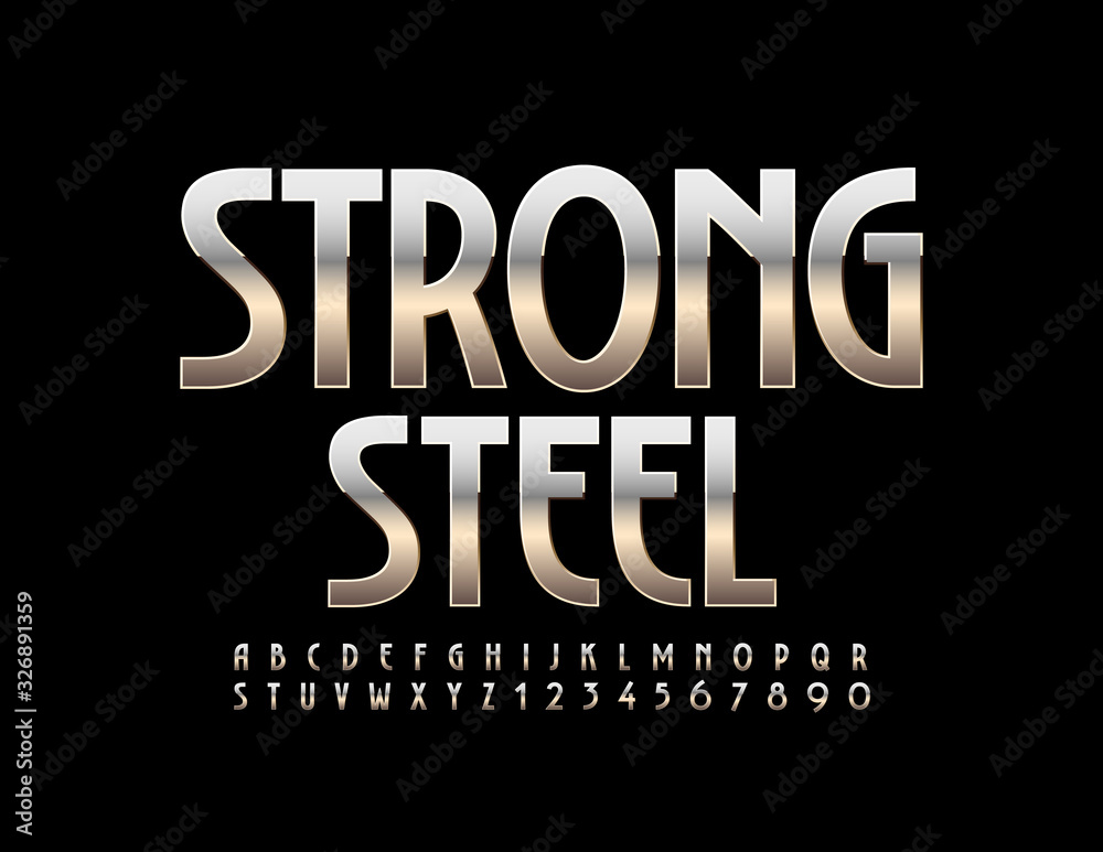 Fototapeta Vector Strong Steel Uppercase Alphabet Letters and Numbers. Metallic gradient Font