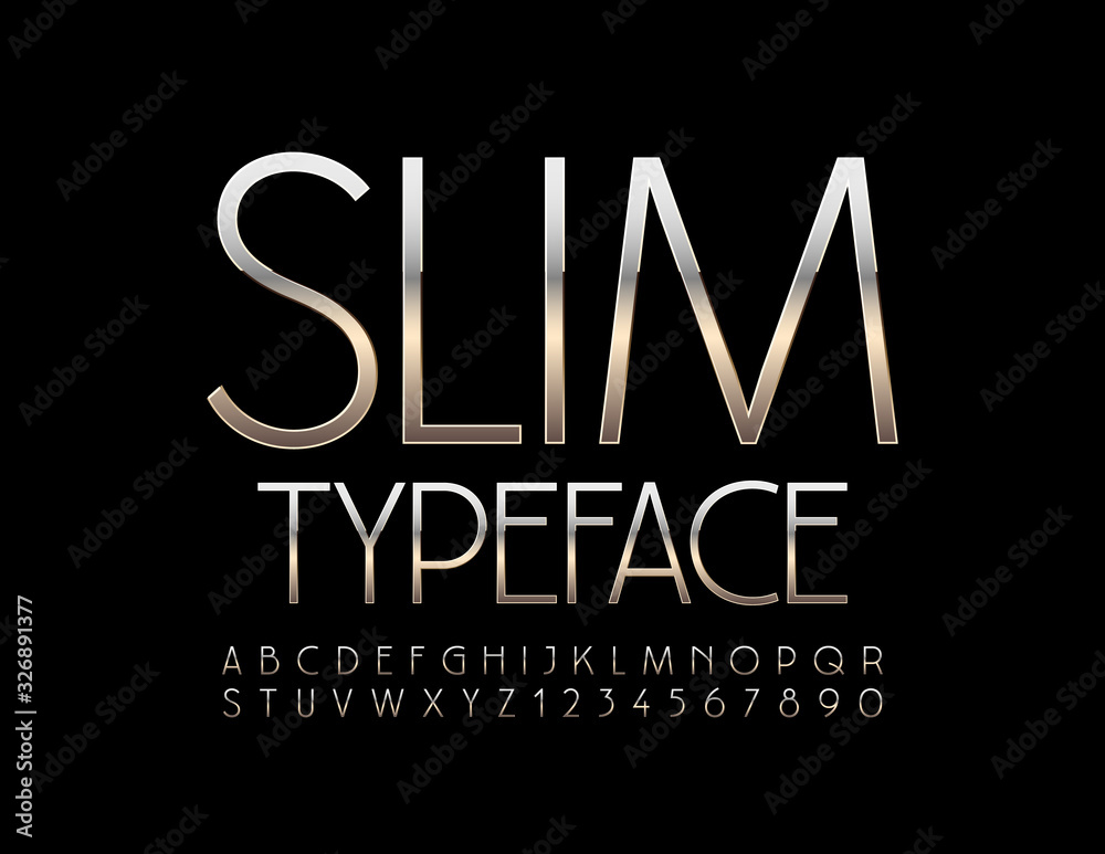 Vector Slim Silver Alphabet. Luxury set of Shiny Letters and Numbers.