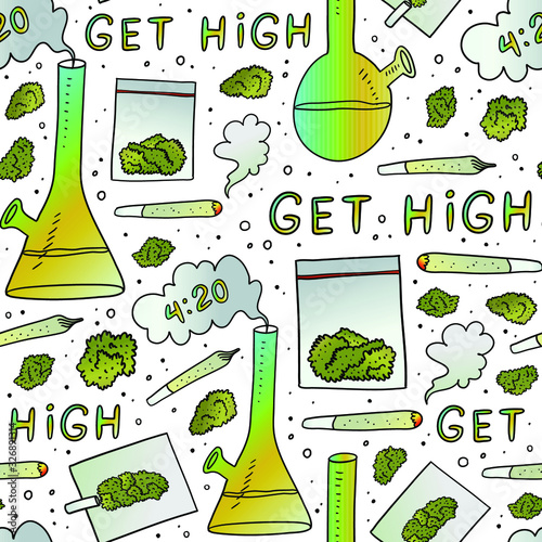 Vector cartoon seamless pattern with cannabis equipment and weed quotes. 