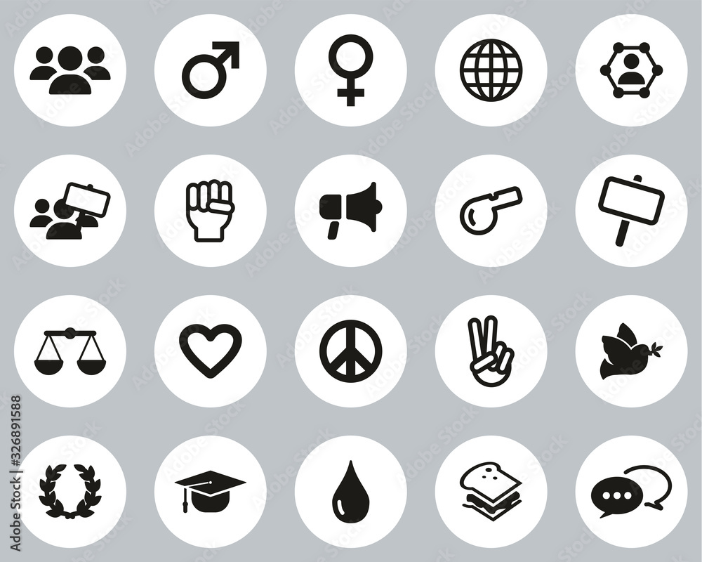 Human Rights Icons Black & White Flat Design Circle Set Big