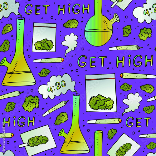 Vector cartoon seamless pattern with cannabis equipment and weed quotes. 