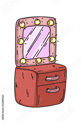 Makeup square mirror, commode isolated on white