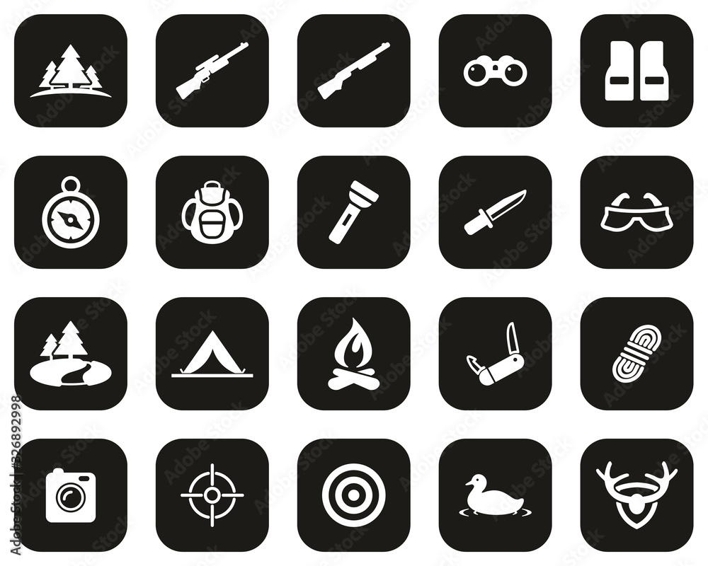 Hunting & Hunting Equipment Icons White On Black Flat Design Set Big Hunting & Hunting Equipment Icons White On Black Flat Design Set Big