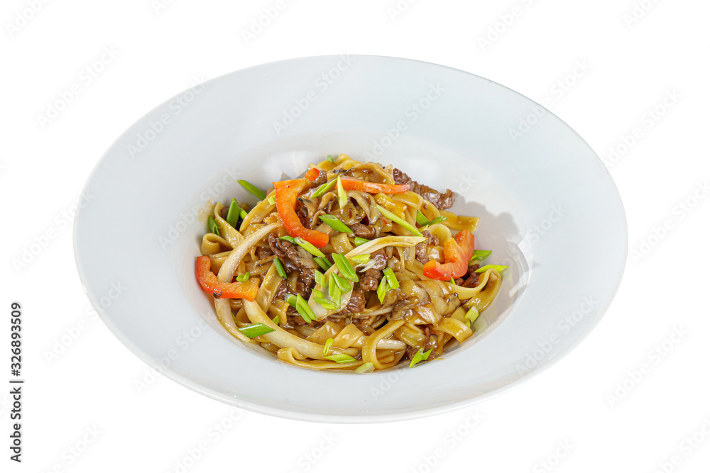 Pasta, noodles with beef, lamb, meat, Pad Thai, decorated with vegetables, bell pepper, chives, Isolated white background, side view, Serving a meal in a cafe, restaurant.