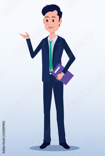 Business men Office cartoon characters. Standing persons. Business People at morning meeting. Illustration vector of discussion and talk, Board background.
